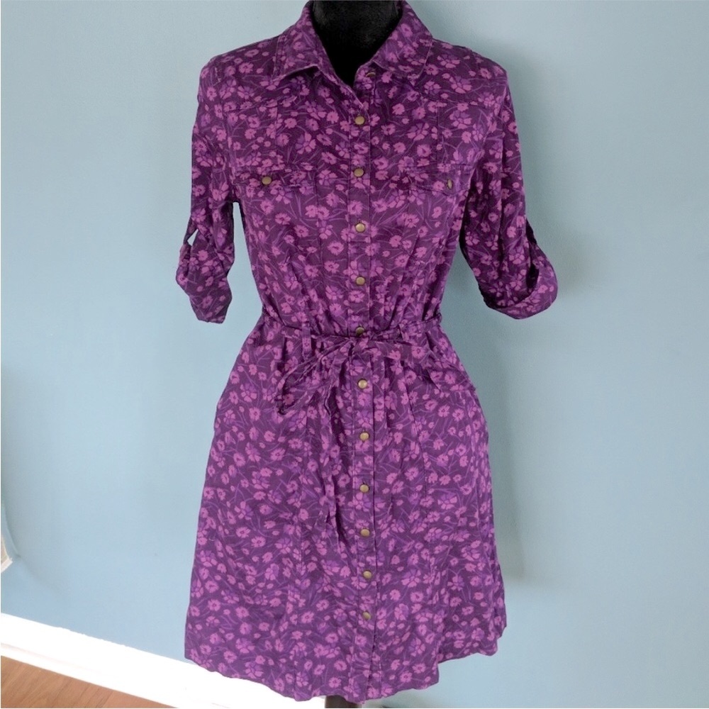 NWOT Merona Purple Floral 3/4 Sleeve Belted Shirt Dress with Pockets, Size L - Picture 4 of 14